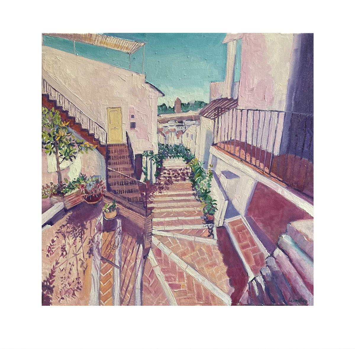 Plant Shadows Mijas is an Original Painting by Eleanor Woolley. This painting was sketched in Mijas and finished in the Studio in Gloucestershire. Walking back down from the Monastery La Ermita del Calvario I came across this cascade of terracotta