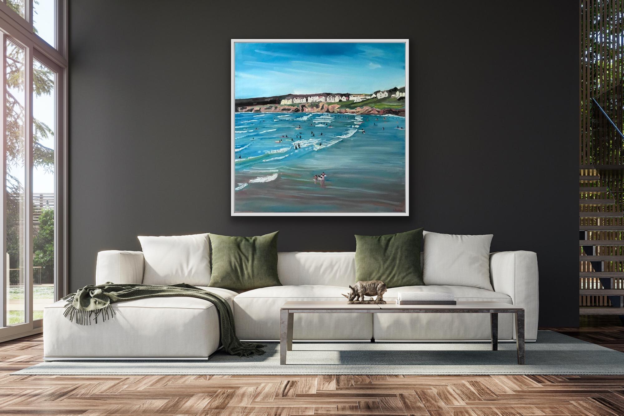 Polzeath Beach, Cornwall, Original painting, Oil on canvas, Coastal art, Beach - Painting by Eleanor Woolley