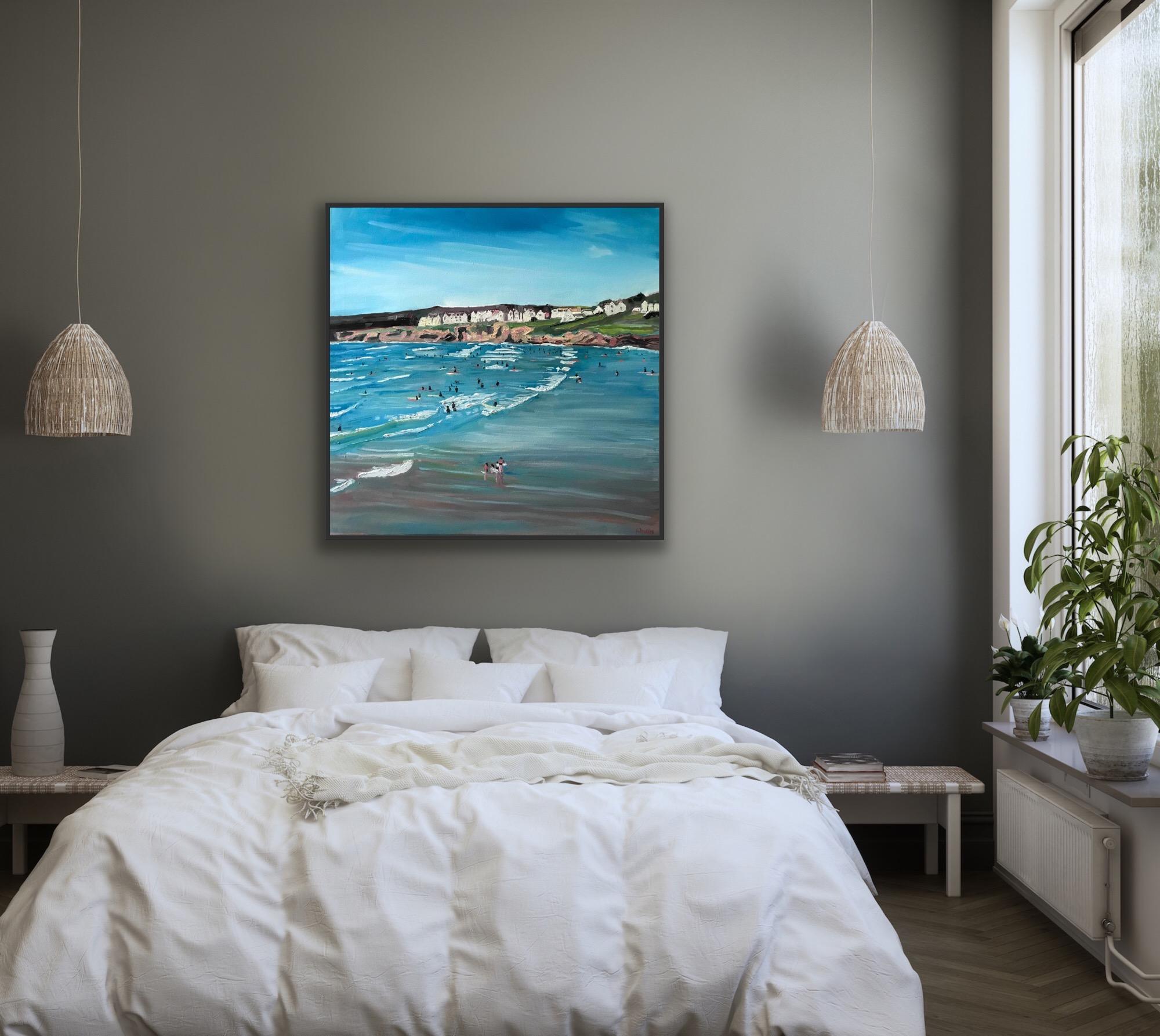 Playa de Polzeath, Cornualles, Pintura original, Óleo sobre lienzo, Arte costero, Playa en venta 4