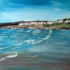 Beach de Polzeath, Cornouailles, peinture originale, huile sur toile, art côtier, plage