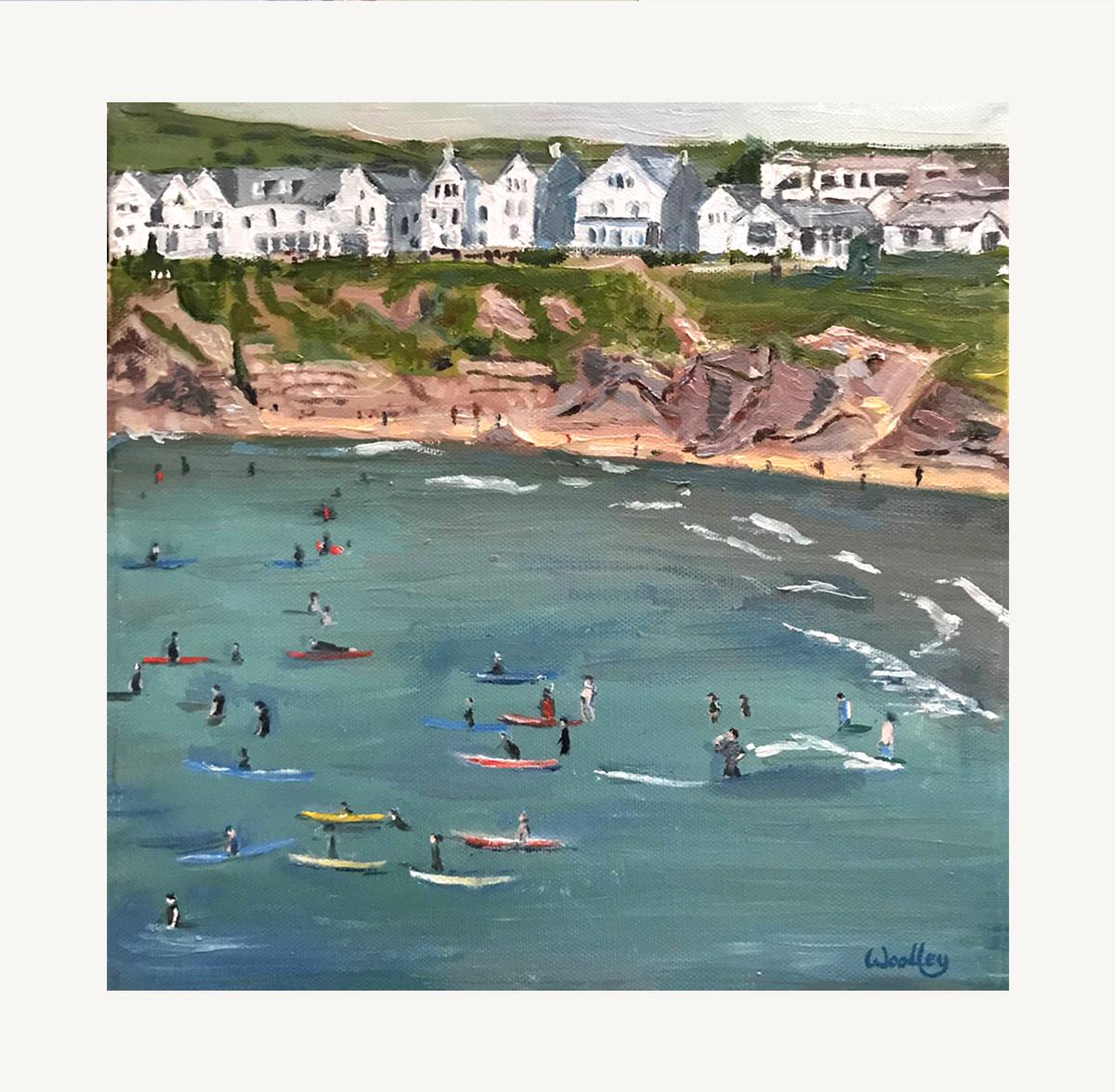 Polzeath Surfers, Cornwall, Original painting, Oil on canvas, Coastal art, Beach - Painting by Eleanor Woolley