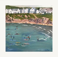 Polzeath Surfer, Cornwall, Originalgemälde, Öl auf Leinwand, Küstenkunst, Strand