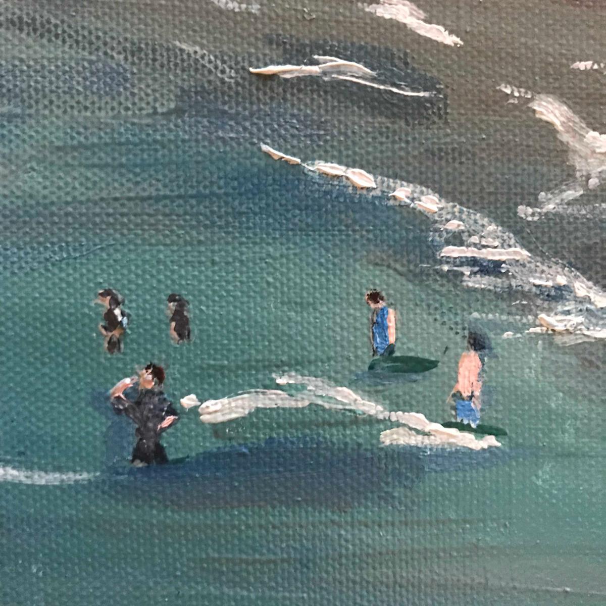 Polzeath Surfers is an Original Painting by Eleanor Woolley Painted in the Artist's Gloucestershire Studio, Polzeath Surfers is Inspired by a trip to Cornwall last Summer. Photographs were taken and sketches of the surfers were made to obtain the