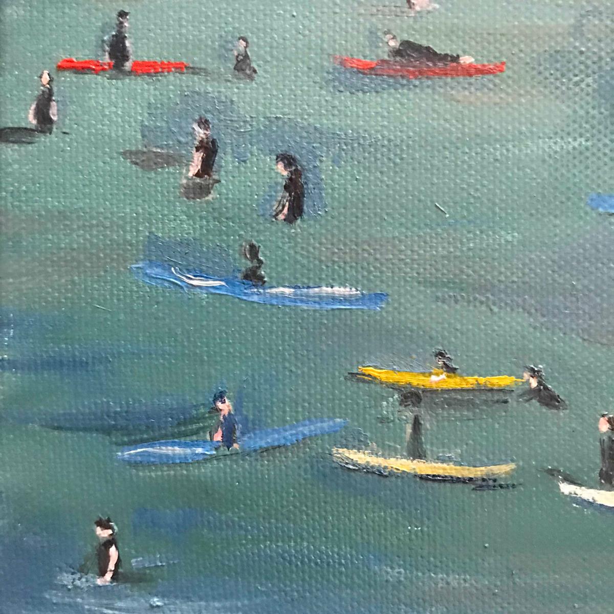 Polzeath Surfers is an Original Painting by Eleanor Woolley Painted in the Artist's Gloucestershire Studio, Polzeath Surfers is Inspired by a trip to Cornwall last Summer. Photographs were taken and sketches of the surfers were made to obtain the