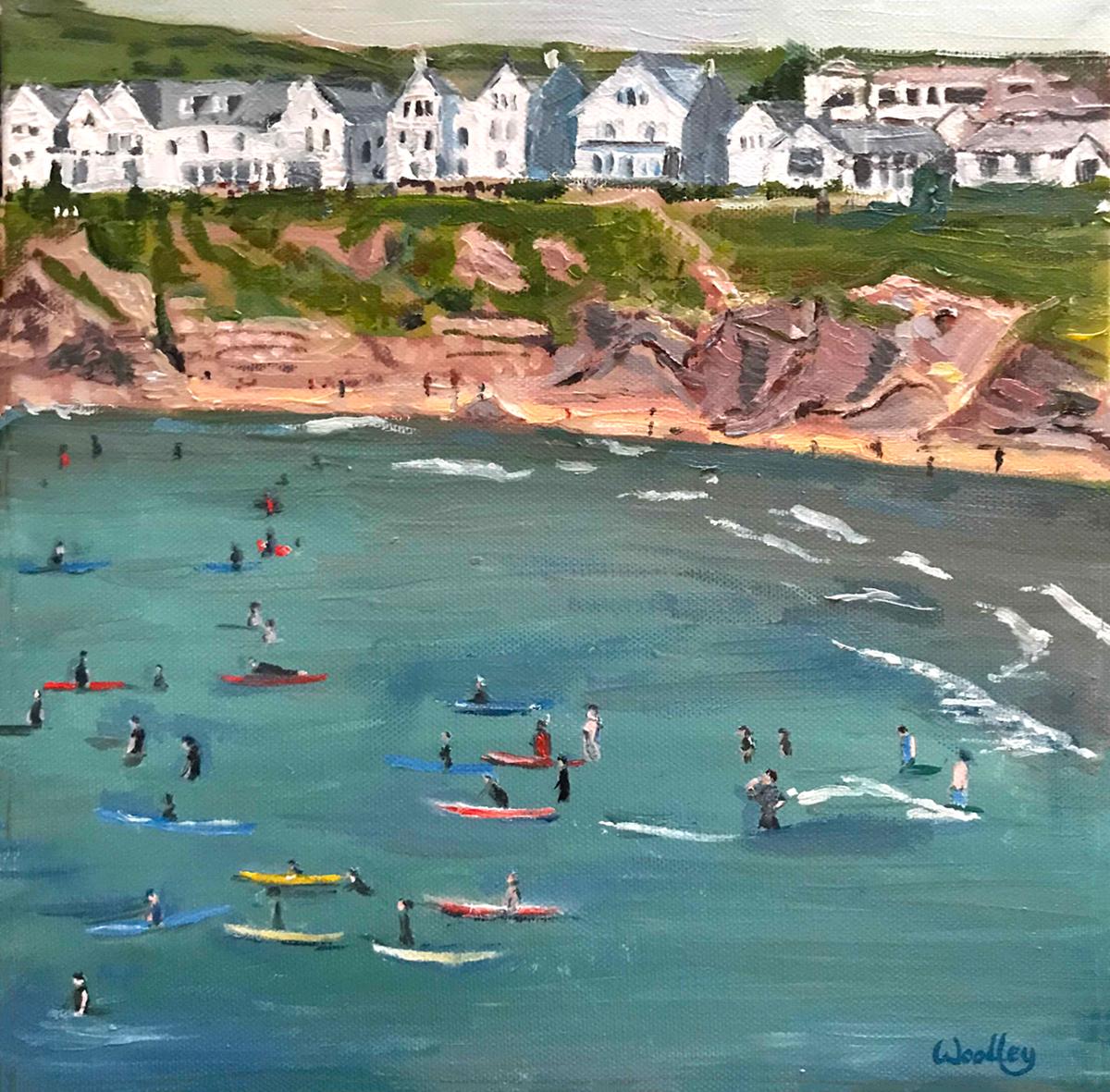 Eleanor Woolley Abstract Painting - Polzeath Surfers, Cornwall, Original painting, Oil on canvas, Coastal art, Beach