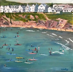Surfers de Polzeath, Cornouailles, peinture originale, huile sur toile, art côtier, plage