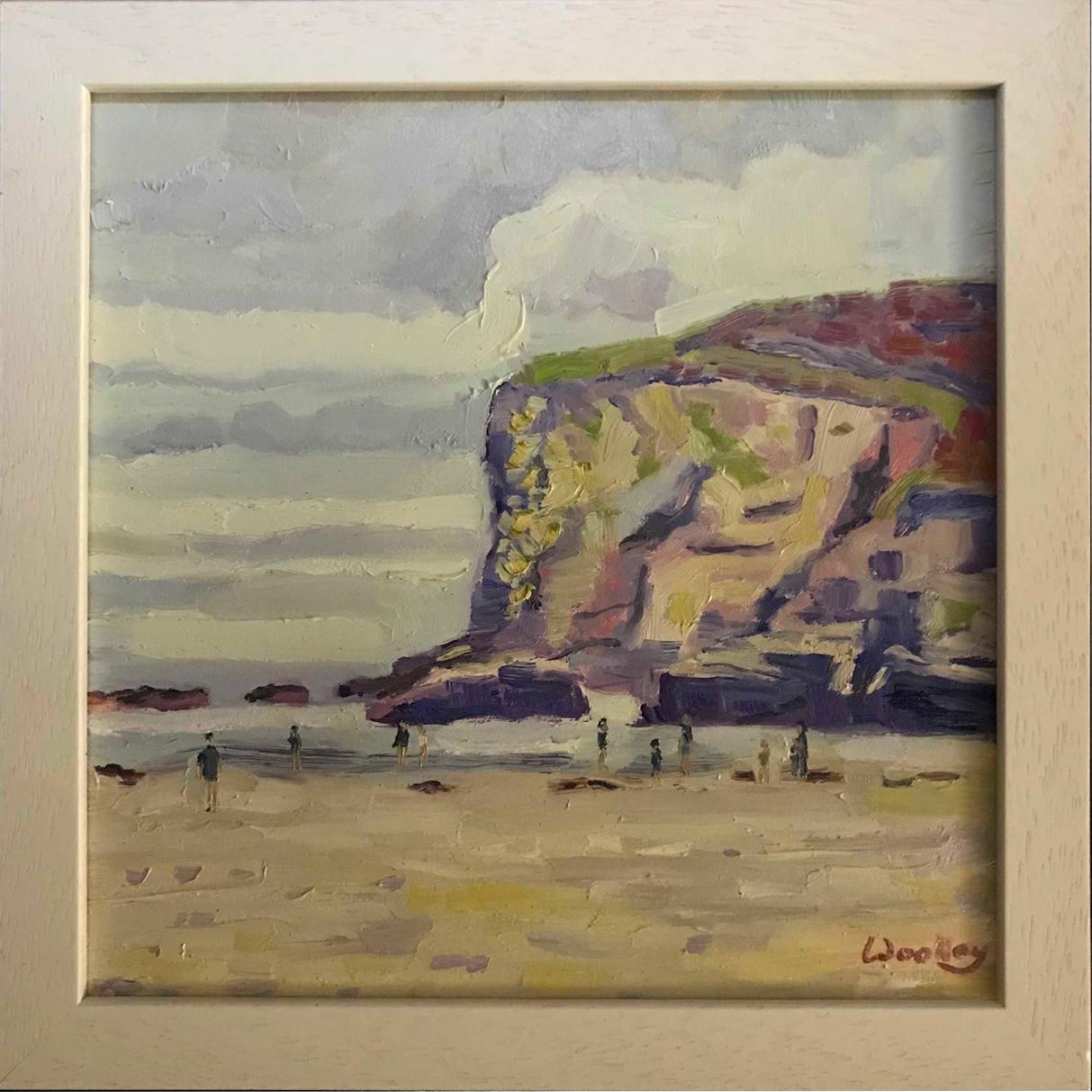 Eleanor Woolley Abstract Painting - Porthtowan winter swimmers, beach, costal, swimming, Cornwall, people, nature