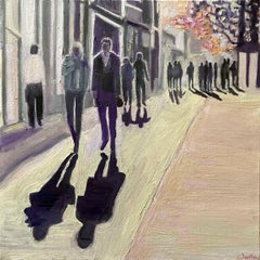 Les ombres de Promenade, peinture figurative, peinture de paysage urbain, art des Cotswolds