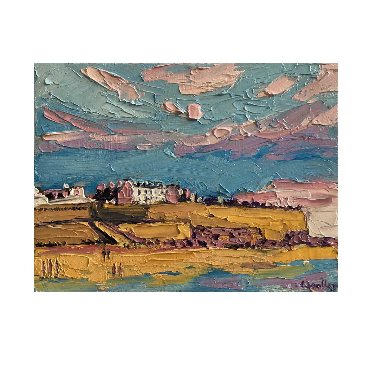 Saint Malo Sky is an Original Painting by Eleanor Woolley. Preliminary sketches we made in Saint Malo to inspire this colourful depiction of the Intra Muros. The setting sun reflect pink in the clouds, and the town and beach are a glowing yellow.