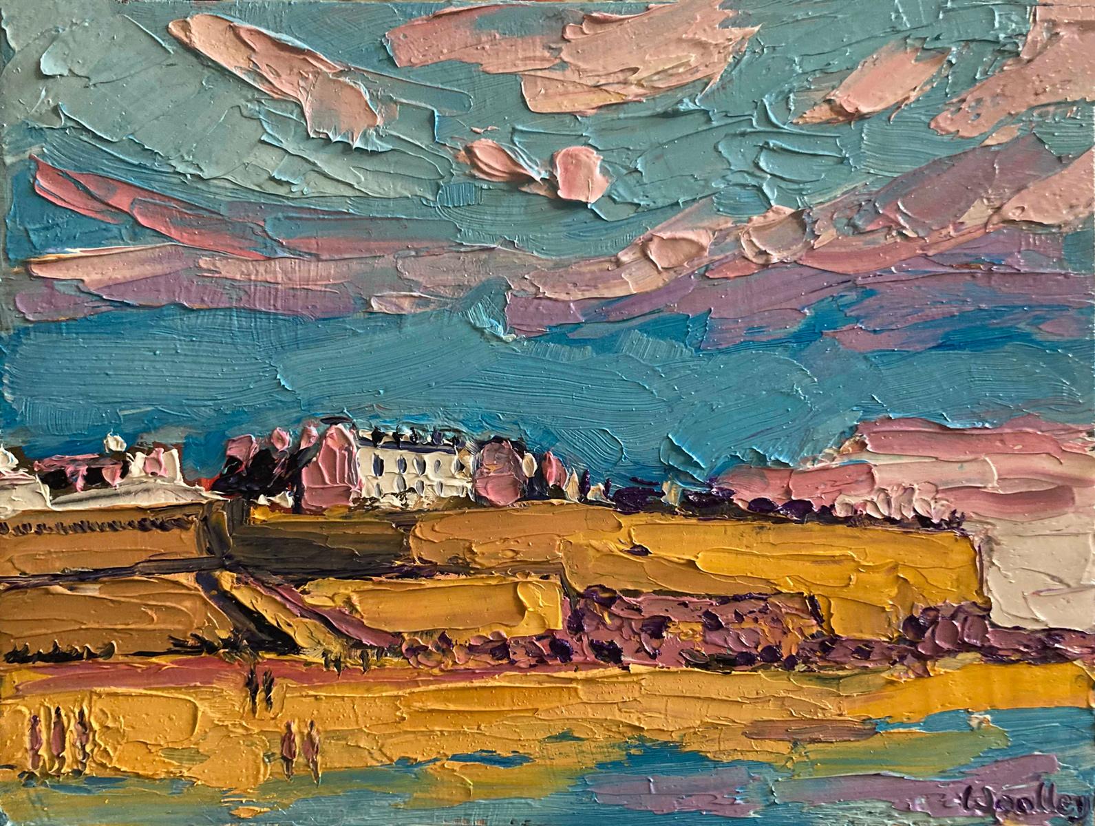 Eleanor Woolley Abstract Painting - Saint Malo Sky, Textured Original Oil Painting, Colourful French Landscape 