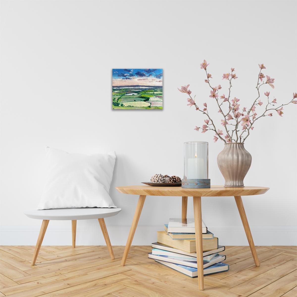 Severn Vale Sunrise - Bleu Landscape Painting par Eleanor Woolley