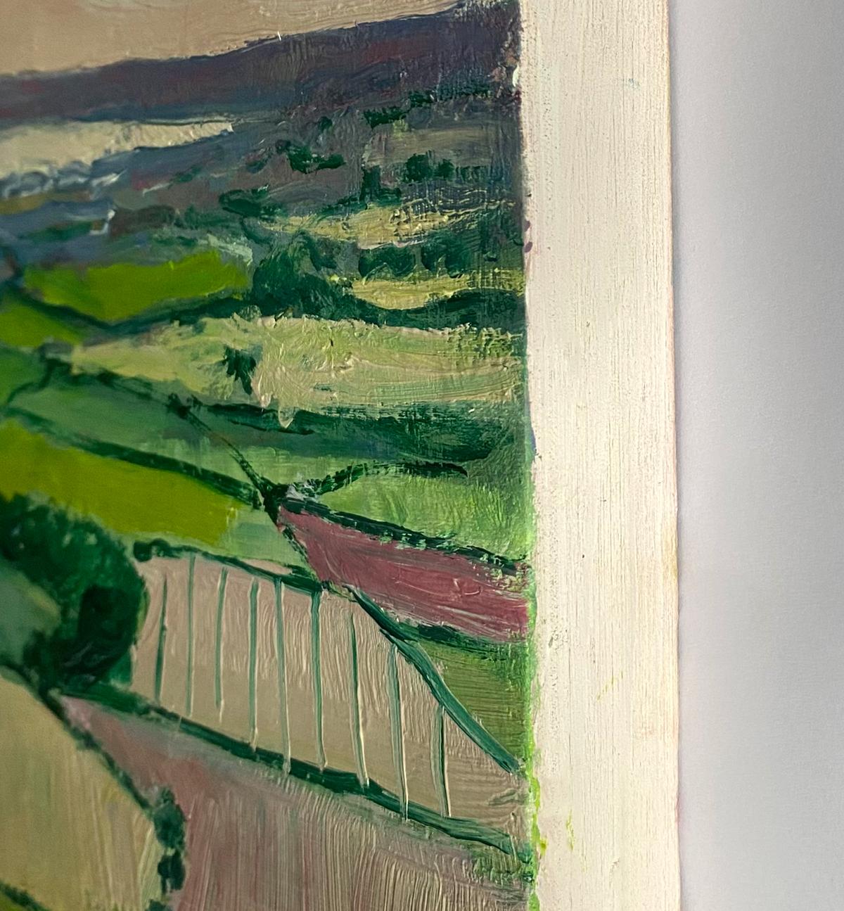 Severn Vale Sunrise est une peinture originale d'Eleanor Woolley. Le paysage de la vallée de la Severn s'inspire du paysage impressionnant de la vallée de la Severn, qui s'éloigne des collines de Cotswold. Une multitude de champs en patchwork