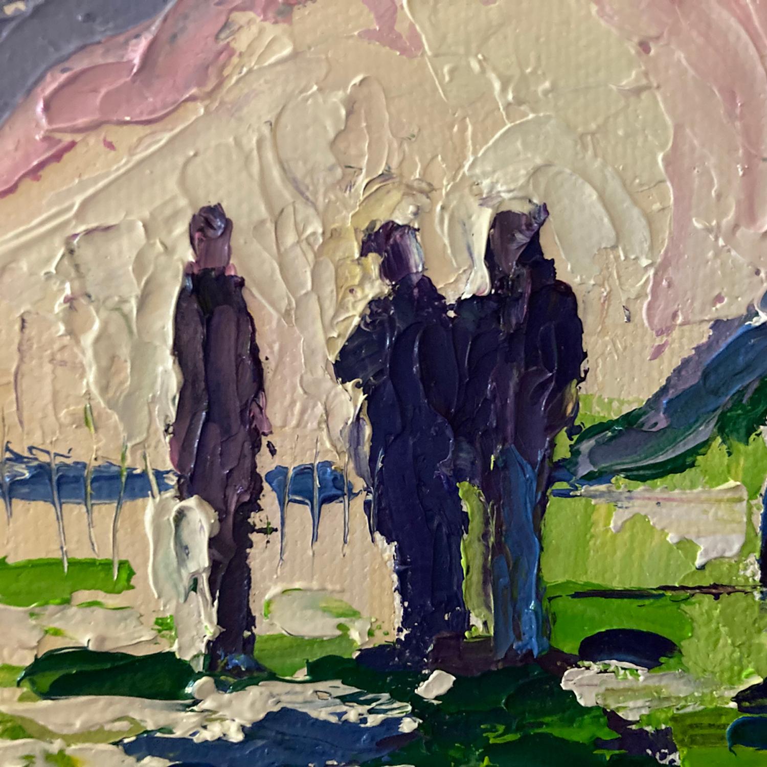 Les ombres autour du feu d'artifice d'Eleanor Woolley, peinture originale, huile sur toile en vente 6