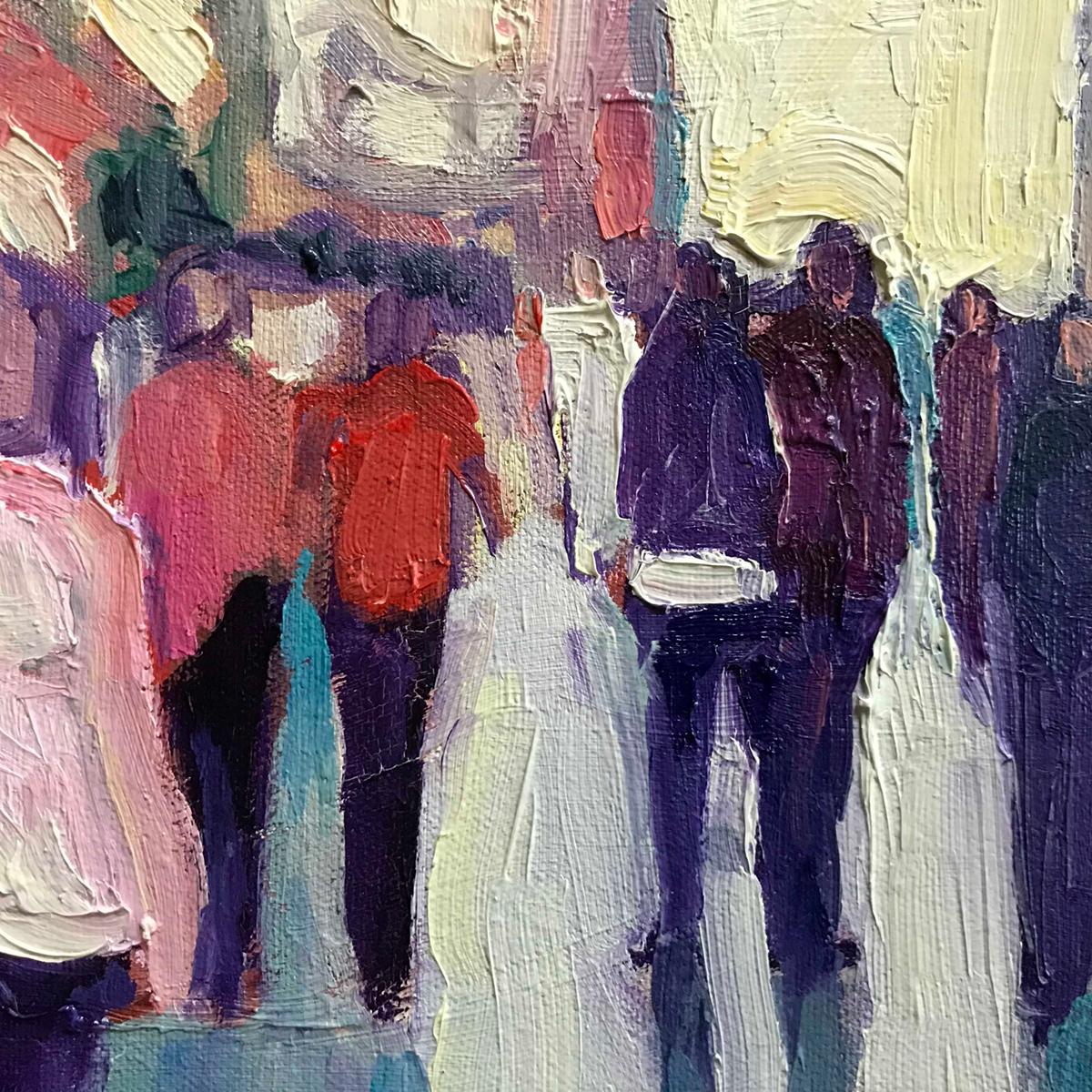 Spanish Market est une peinture originale d'Eleanor Woolley. Cette peinture est inspirée par des voyages récents sur les marchés espagnols de Malaga, les douzaines de personnes dans des vêtements brillants et une sensation de soleil délavé. L'amour