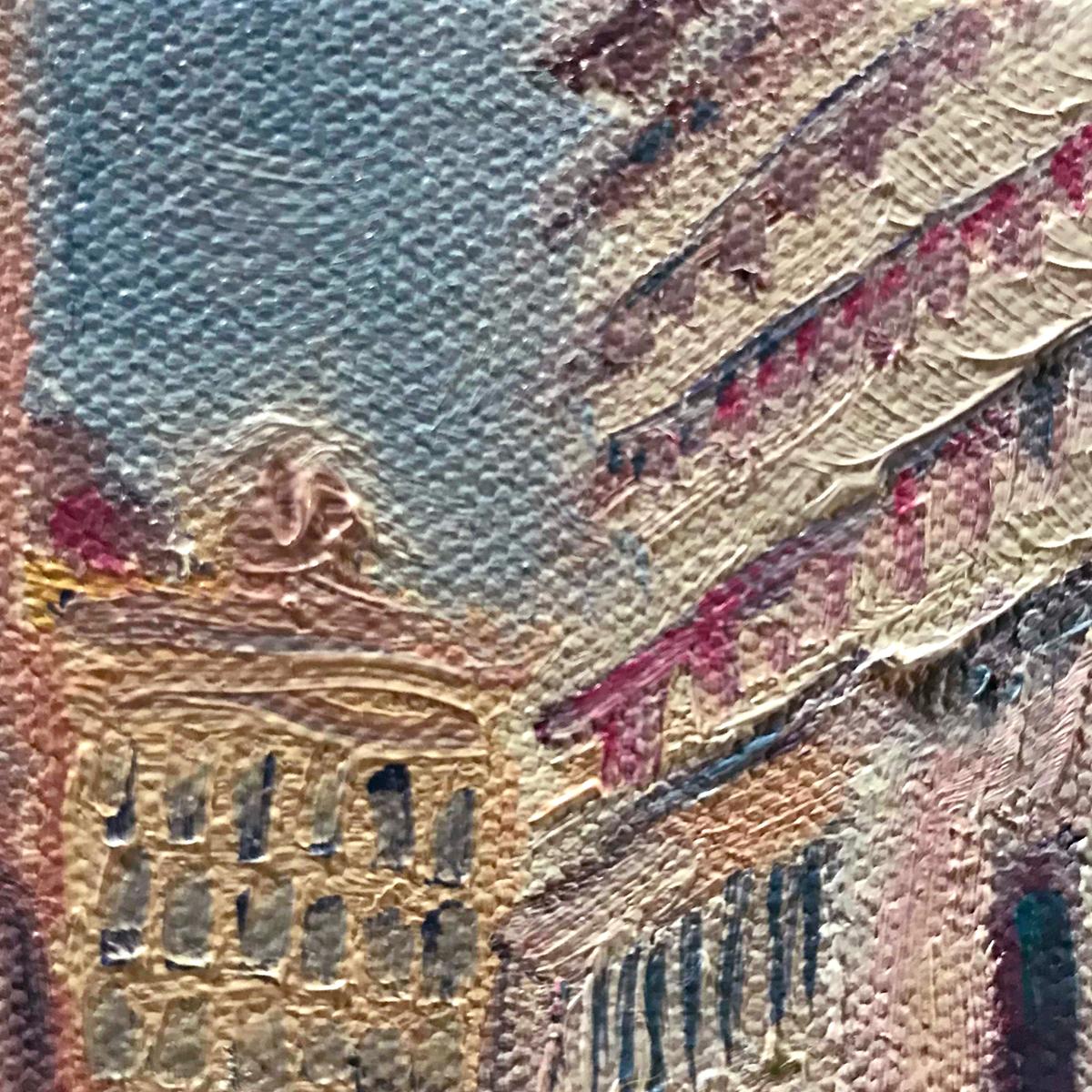Sombras de ciudad española es una Pintura Original de Eleanor Woolley. Inspirado en un viaje a Málaga, este cuadro es un vibrante estudio de su centro histórico. Se puede ver a la gente conversando en la calle, con sus sombras de azules tinta y