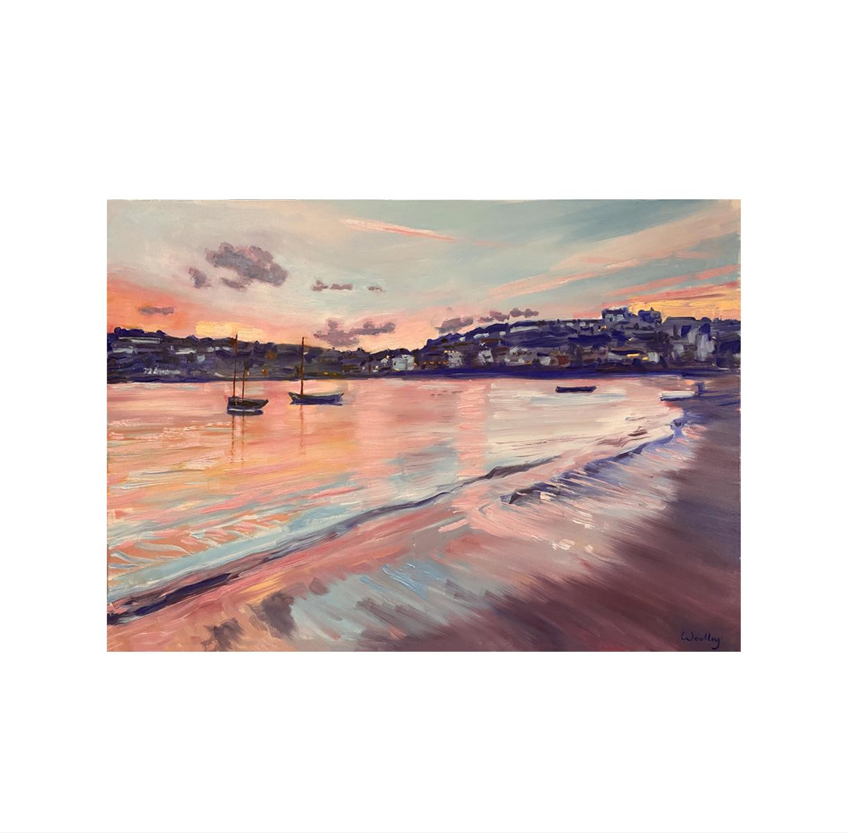 St Ives Harbour is an Original Oil Painting by Eleanor Woolley. Inspired by last summers trip to Cornwall, St Ives Harbour shows the quiet of Penwith Harbour at sunset. The sky reflects in the glassy water in washes of red, pink and blue whilst the