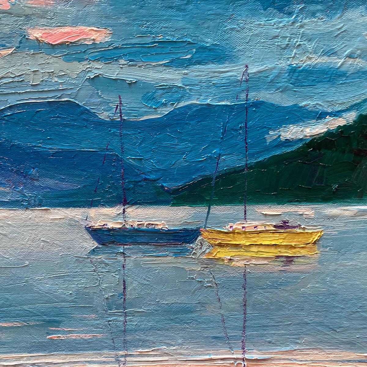 Eleanor Woolley Abstract Painting - Still Boats, Lake Windermere, landscape art, boat art, original art