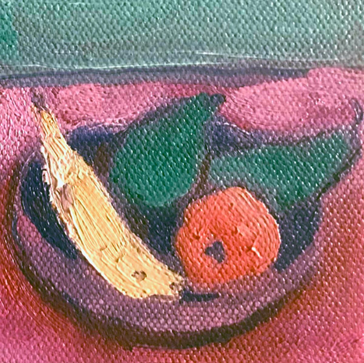 Still life with Jug is an Original Painting by Eleanor Woolley. Painted in her Gloucestershire Studio this painting depicts a little rectangular jug, a maquette of an acrobat on their head and a bowl of fruit. Items selected by the Artists to make