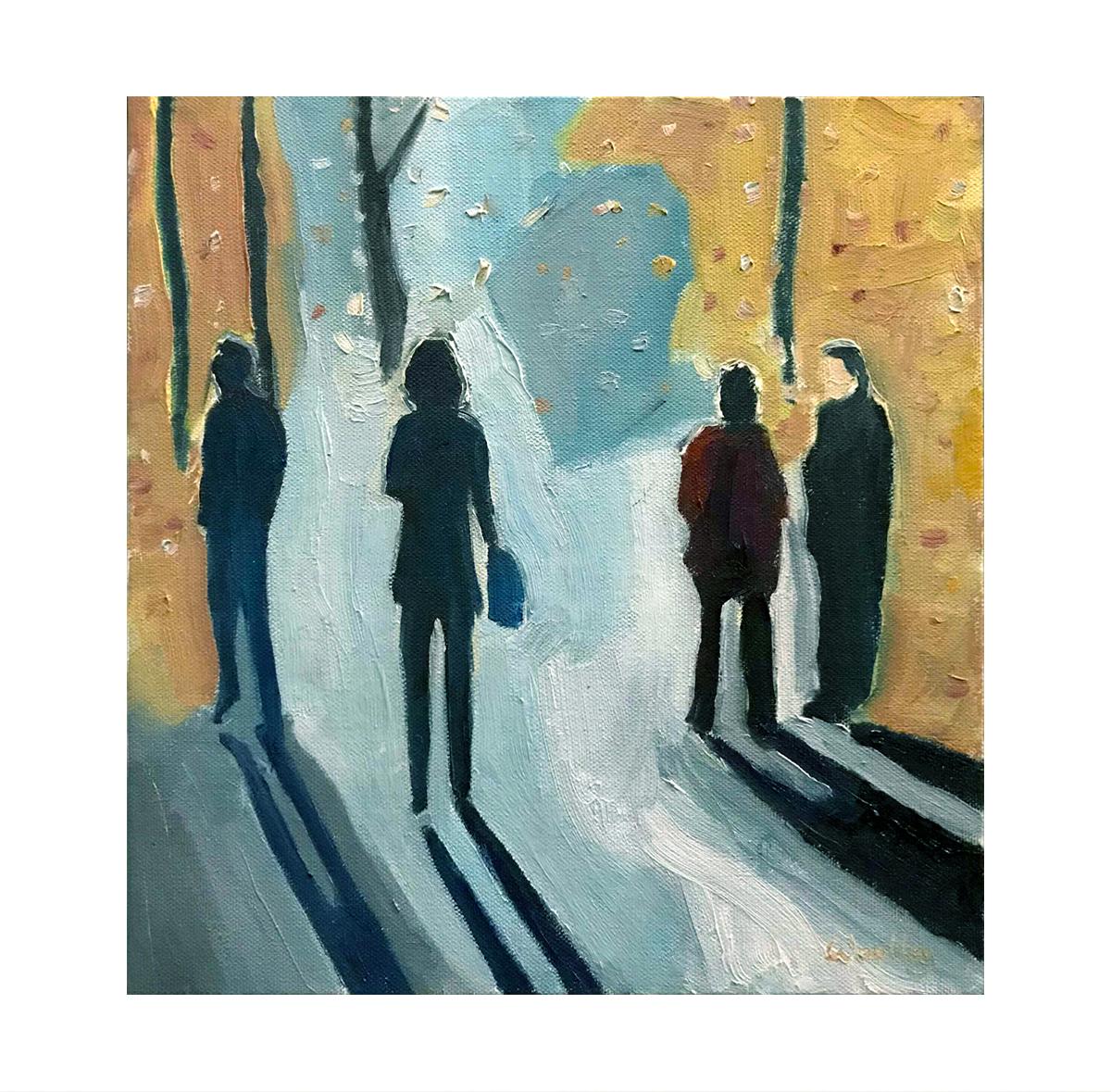 Il cappotto rosso, Quadro originale, Paesaggio, Nature, Persone, Uomini, Donne, Camminare - Painting Contemporaneo di Eleanor Woolley