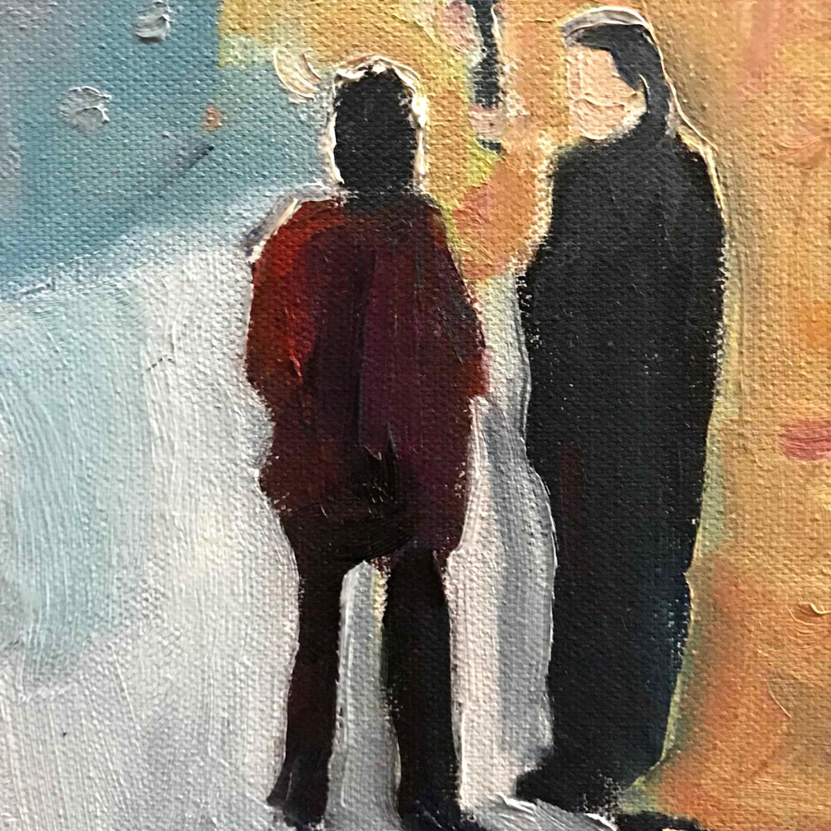 Il cappotto rosso, Quadro originale, Paesaggio, Nature, Persone, Uomini, Donne, Camminare - Landscape Painting Grigio di Eleanor Woolley