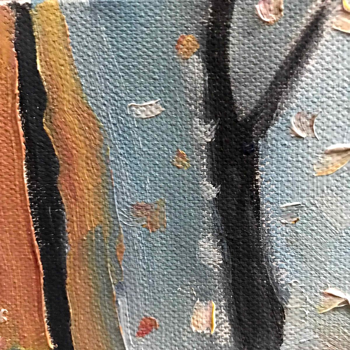 Il cappotto rosso è un dipinto originale di Eleanor Woolley. Questo quadro è un dipinto semi-astratto stilizzato ispirato alle persone nel paesaggio. I corpi delle figure dipinte in modo ingenuo proiettano lunghe ombre. La tavolozza è composta da
