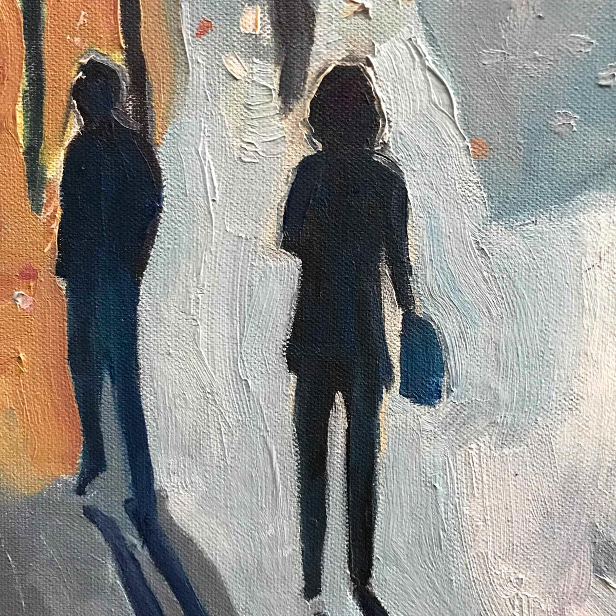 Il cappotto rosso, Quadro originale, Paesaggio, Nature, Persone, Uomini, Donne, Camminare in vendita 1
