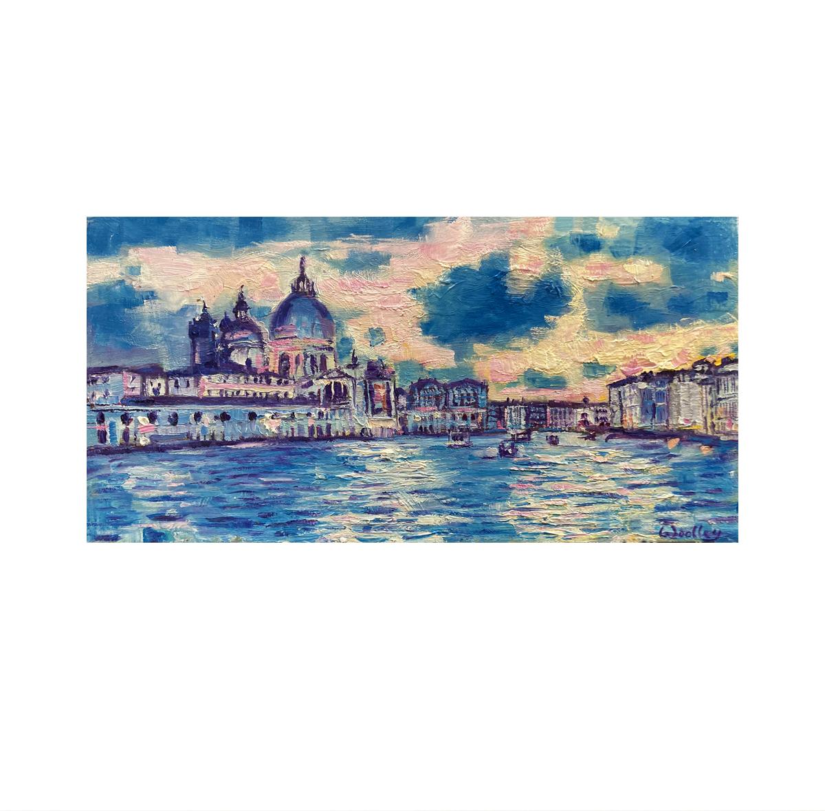 Venice is an Original Painting by Eleanor Woolley. Inspired by the Grand Canal in Venice this painting depicts sunset reflecting in the canals surface. The atmospheric blue moulds are hazy over the water, small boats bob in the distance. Pink flecks