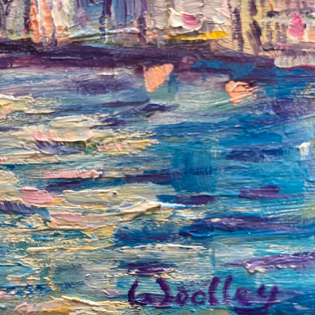 Venise est une peinture originale d'Eleanor Woolley. Inspirée par le Grand Canal de Venise, cette peinture représente le coucher de soleil se reflétant dans la surface du canal. Les moisissures bleues atmosphériques sont floues sur l'eau, de petits