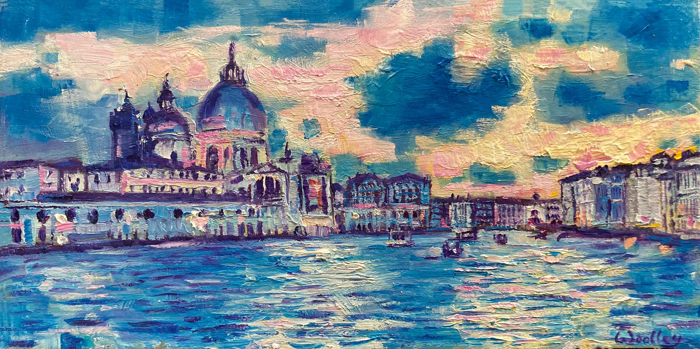 Venise, peinture originale de paysage urbain, peinture de Venise, paysage urbain texturé en vente 2
