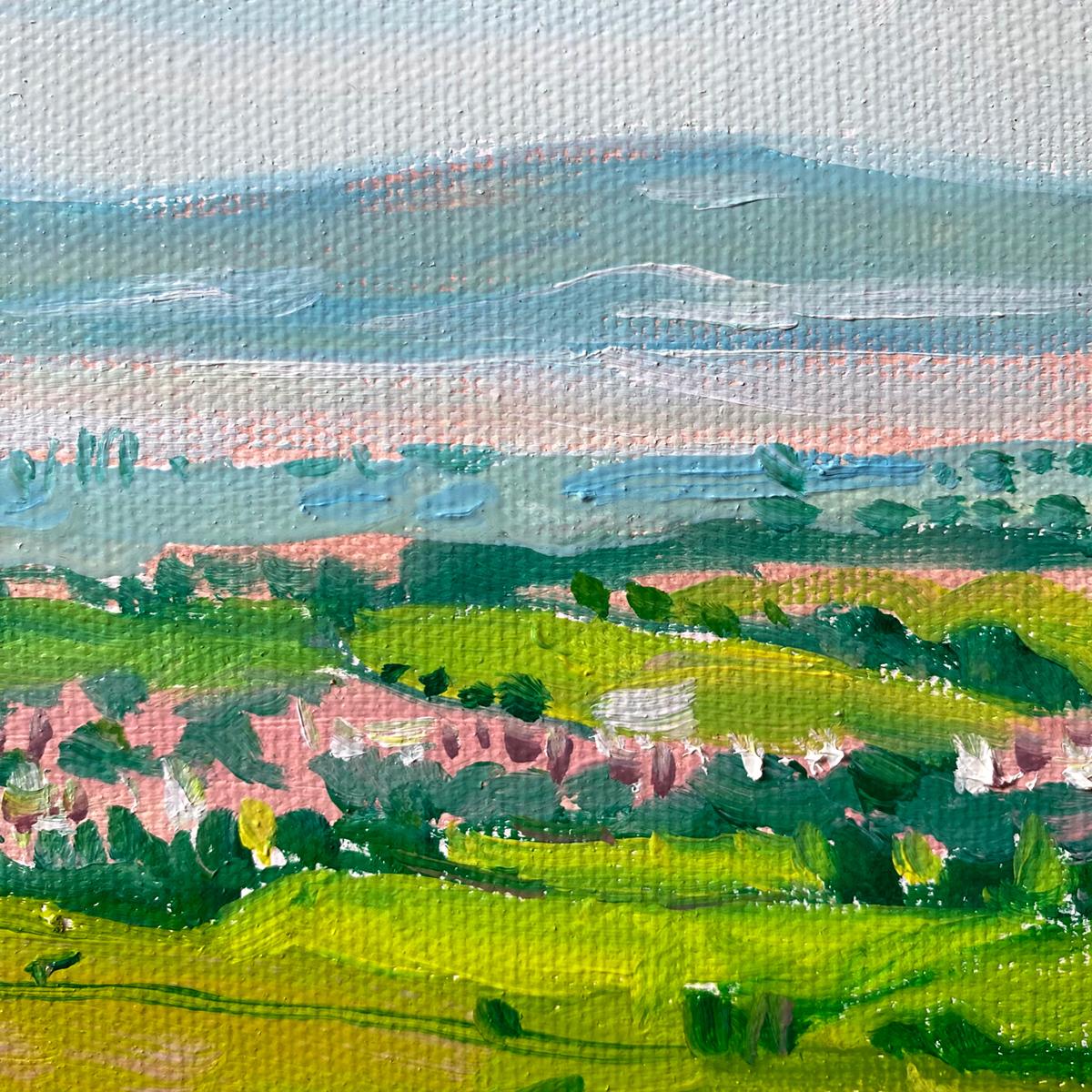 Vistas de Sidra con Rosie 1 es una Pintura al óleo original de Eleanor Woolley. Se trata de una pintura Plein Air desde uno de los puntos de vista favoritos del artista en la escarpa de Cotswold. Recorriendo esta ruta desde Bourton on the Water, el