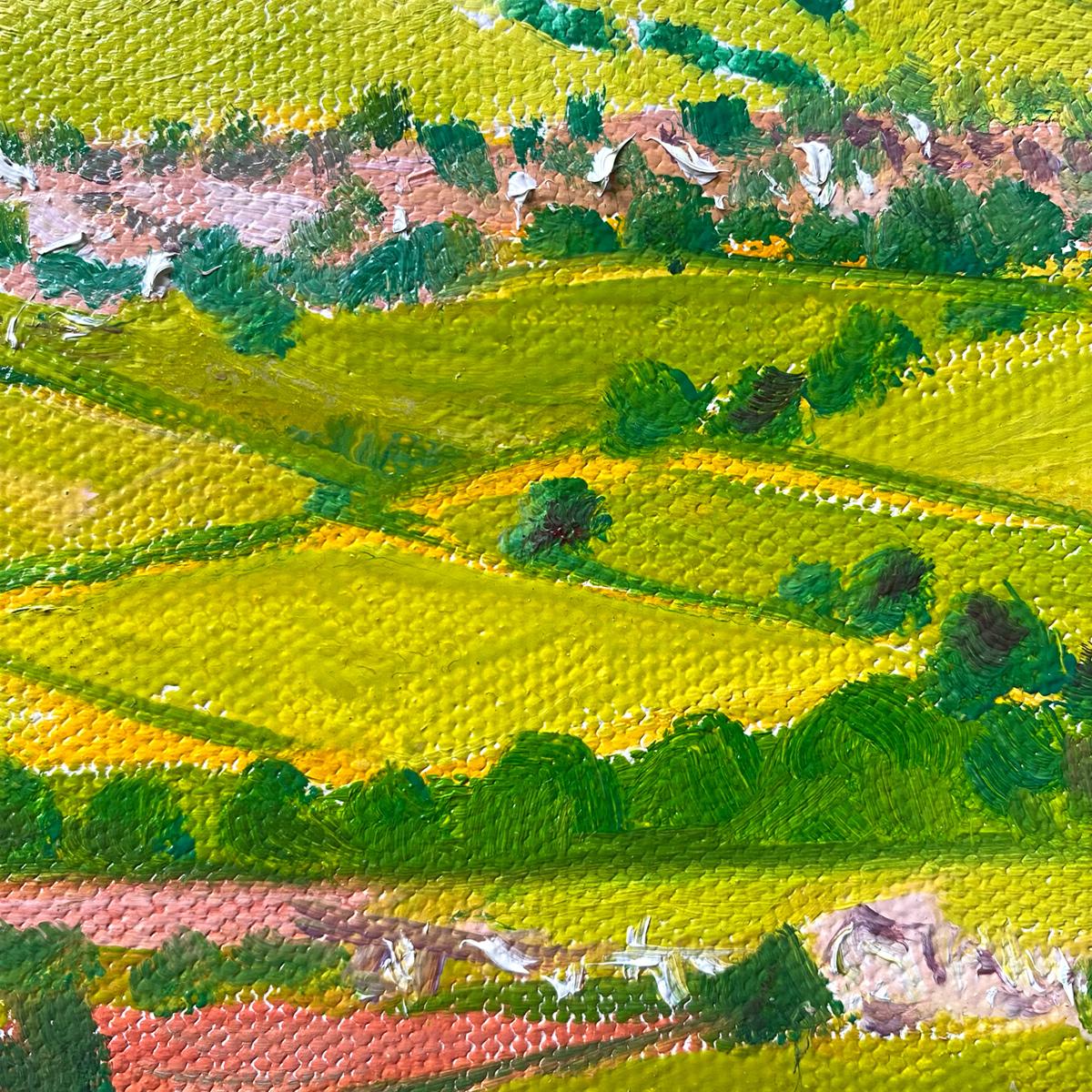 Views from Cider with Rosie 2 ist ein Original Ölgemälde von Eleanor Woolley. Dieses Gemälde wurde im Freien gemalt und ist von denselben Ansichten inspiriert, die Laurie Lee zum Schreiben von 