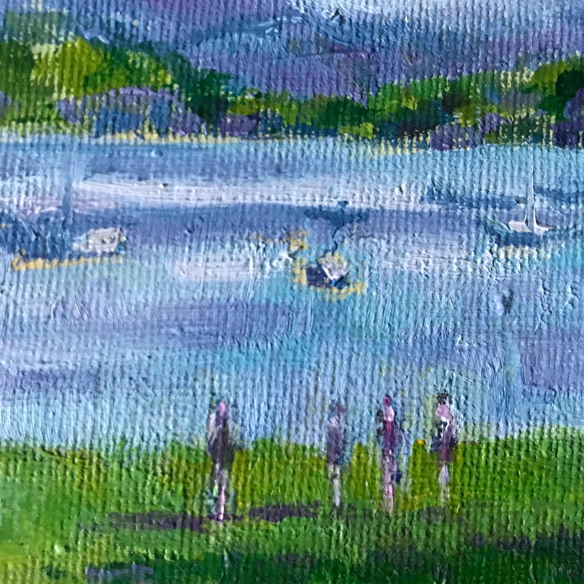 Windermere Banks es un cuadro original de Eleanor Woolley. Este cuadro representa las orillas del lago Windermere, verdes bajo el sol del verano. En el fondo se ven montañas cuyos colores se reflejan en la superficie del lago, mientras pequeñas