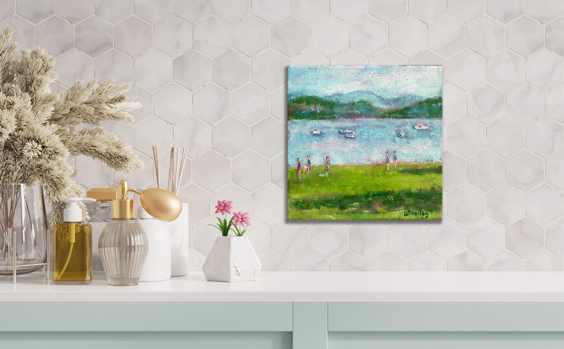Barcos de Windermere, pintura original, paisaje, contemporáneo - Painting de Eleanor Woolley