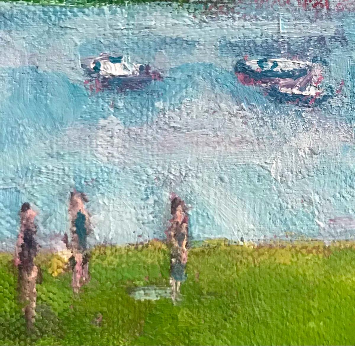 Barcos de Windermere, pintura original, paisaje, contemporáneo - Landscape Painting Azul de Eleanor Woolley