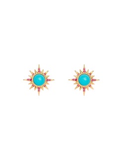 Electra Earrings, Turquoise, Rubies, 18 Karat Yellow Gold