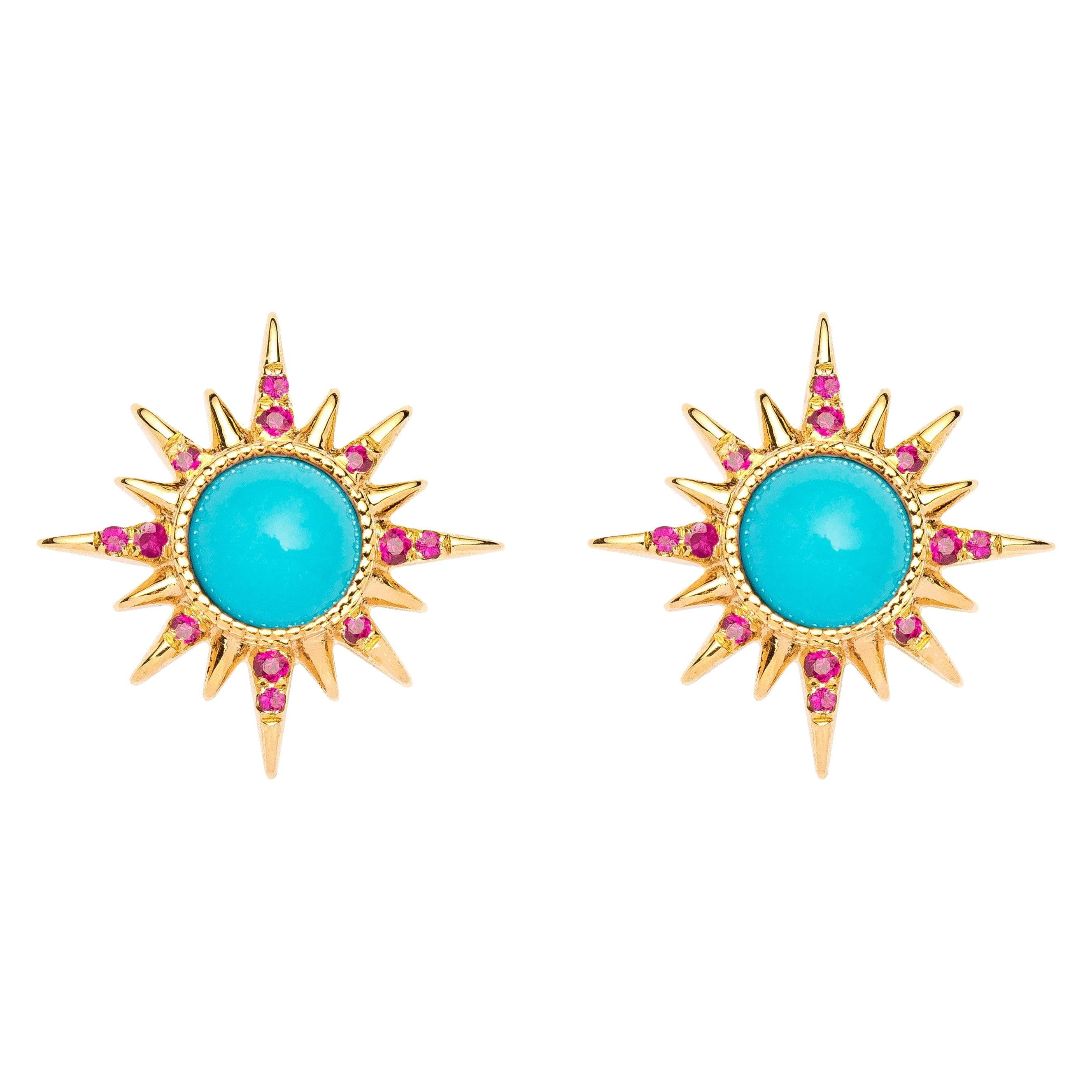 Electra Earrings, Turquoise, Rubies, 18 Karat Yellow Gold
