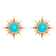 Electra Earrings, Turquoise, Rubies, 18 Karat Yellow Gold