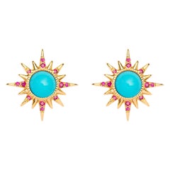 Electra Earrings, Turquoise, Rubies, 18 Karat Yellow Gold