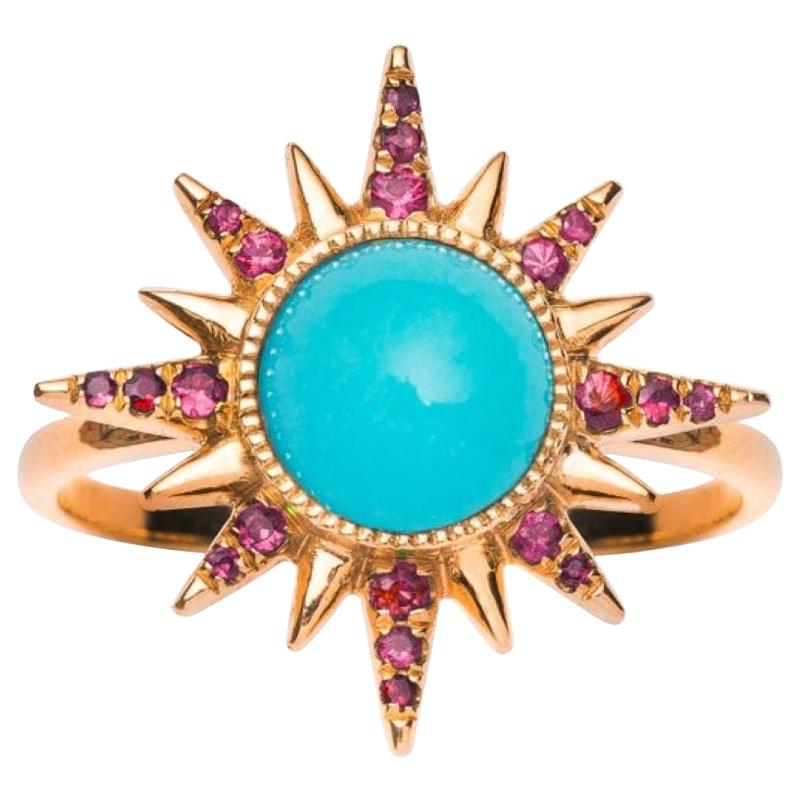 Electra Maxima Ring, Turquoise, Rubies, 18 Karat Rose Gold For Sale