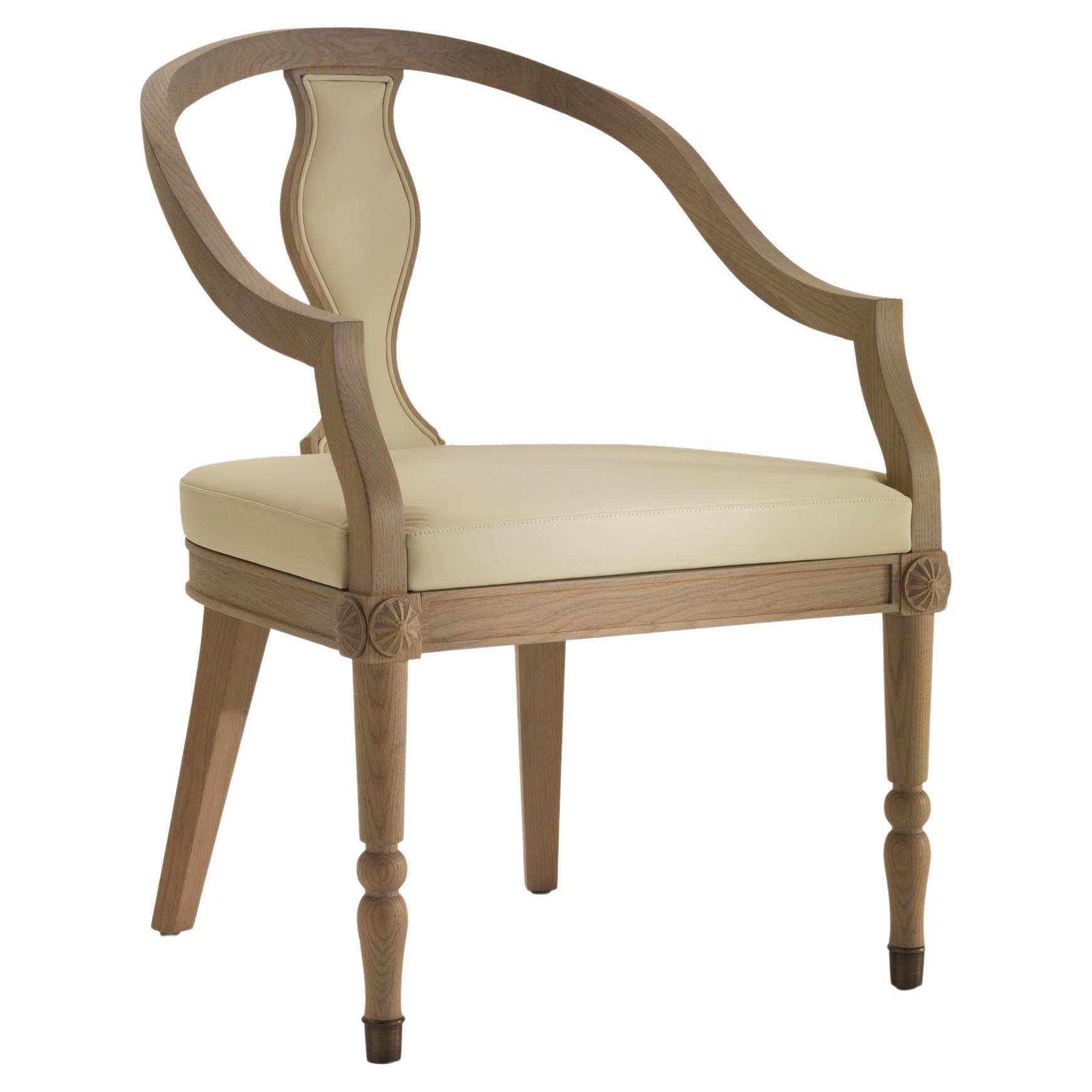 ELECTRESS Upholstered Dining Armchair in Cream Leather and Natural Oak Wood