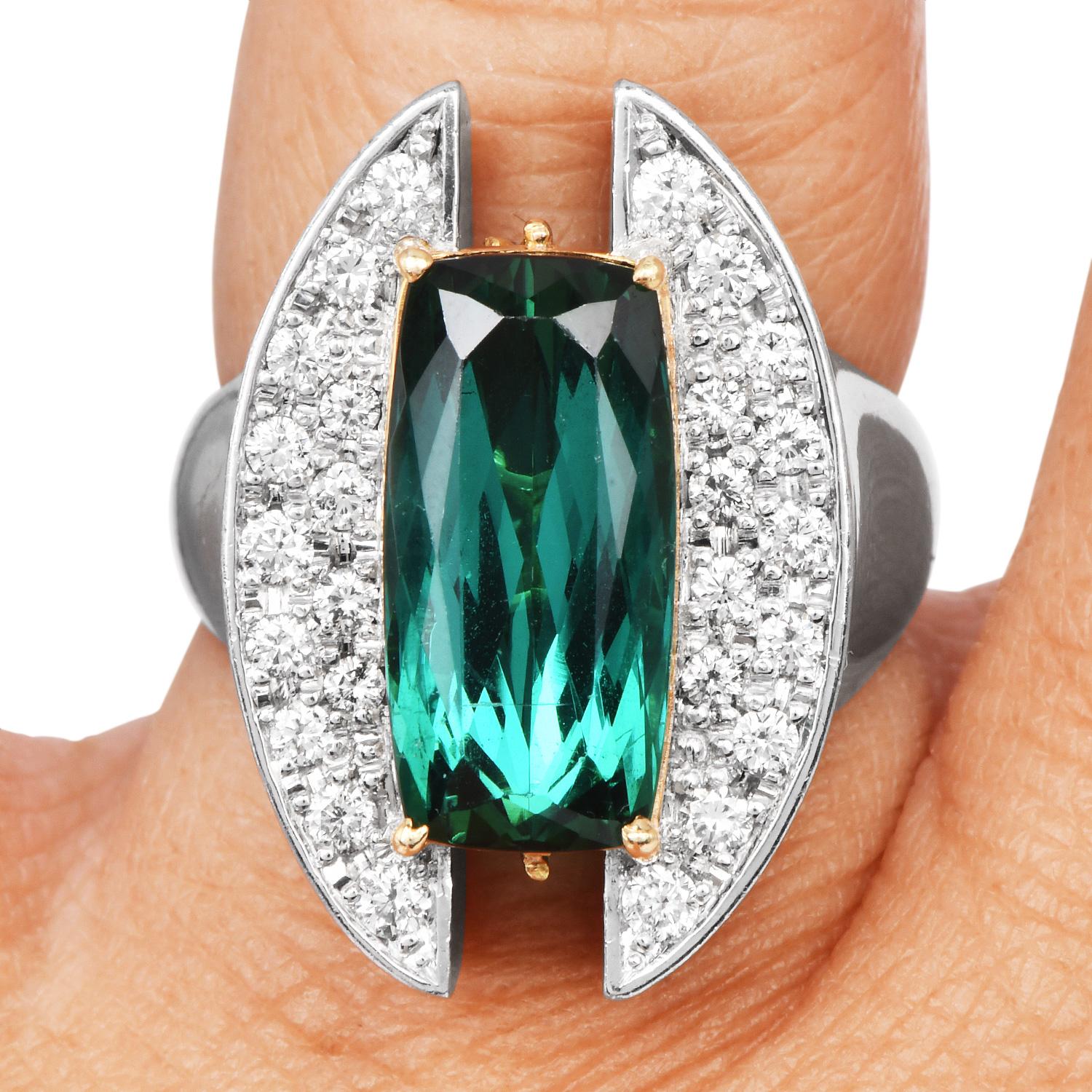 Electrian Green Tourmaline 8.06cts Diamond Platinum 18K Gold Sculptural Ring For Sale 4