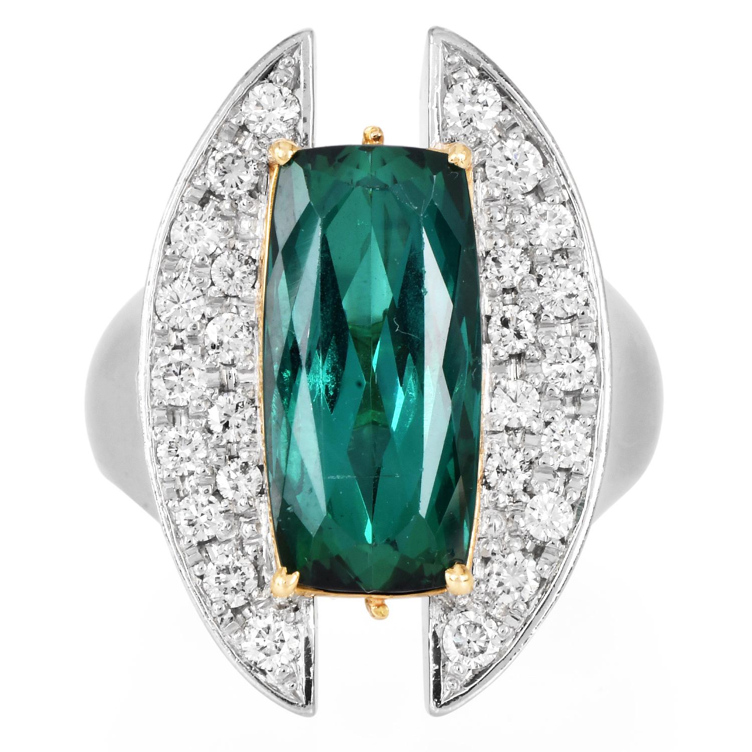 Modern Electrian Green Tourmaline 8.06cts Diamond Platinum 18K Gold Sculptural Ring For Sale