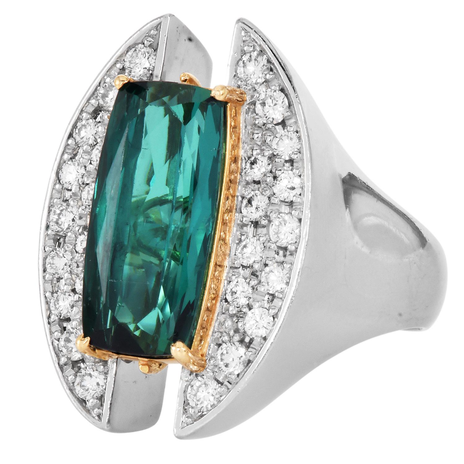 Oval Cut Electrian Green Tourmaline 8.06cts Diamond Platinum 18K Gold Sculptural Ring For Sale