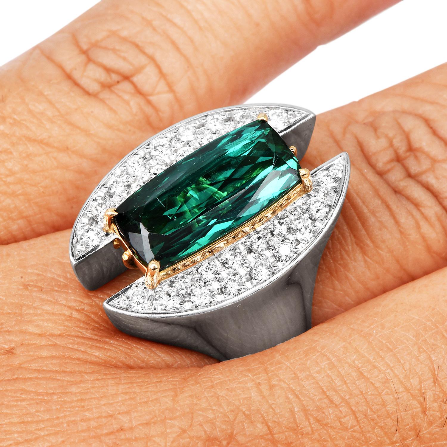 Electrian Green Tourmaline 8.06cts Diamond Platinum 18K Gold Sculptural Ring In Excellent Condition For Sale In Miami, FL