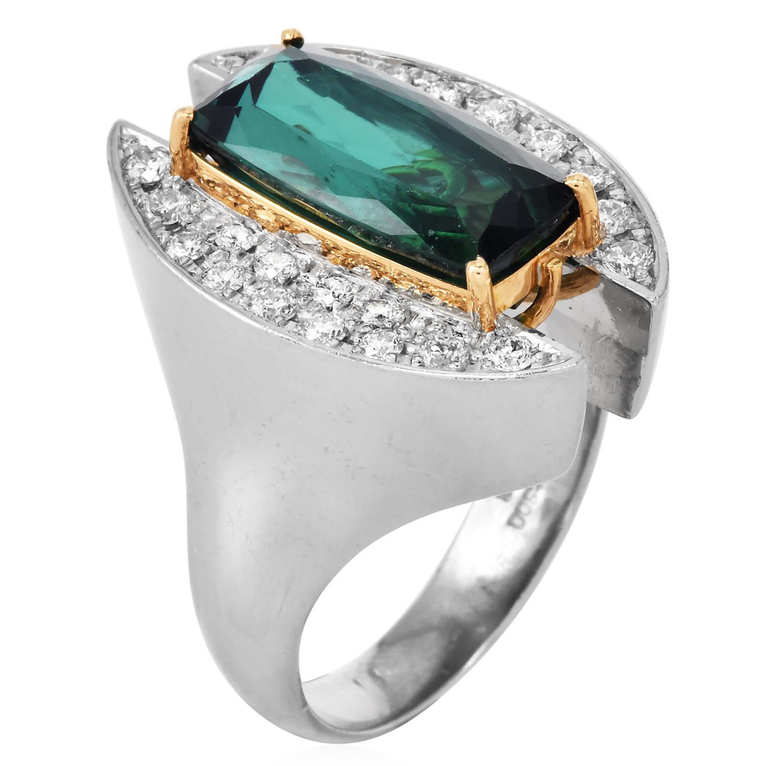 Women's Electrian Green Tourmaline 8.06cts Diamond Platinum 18K Gold Sculptural Ring For Sale