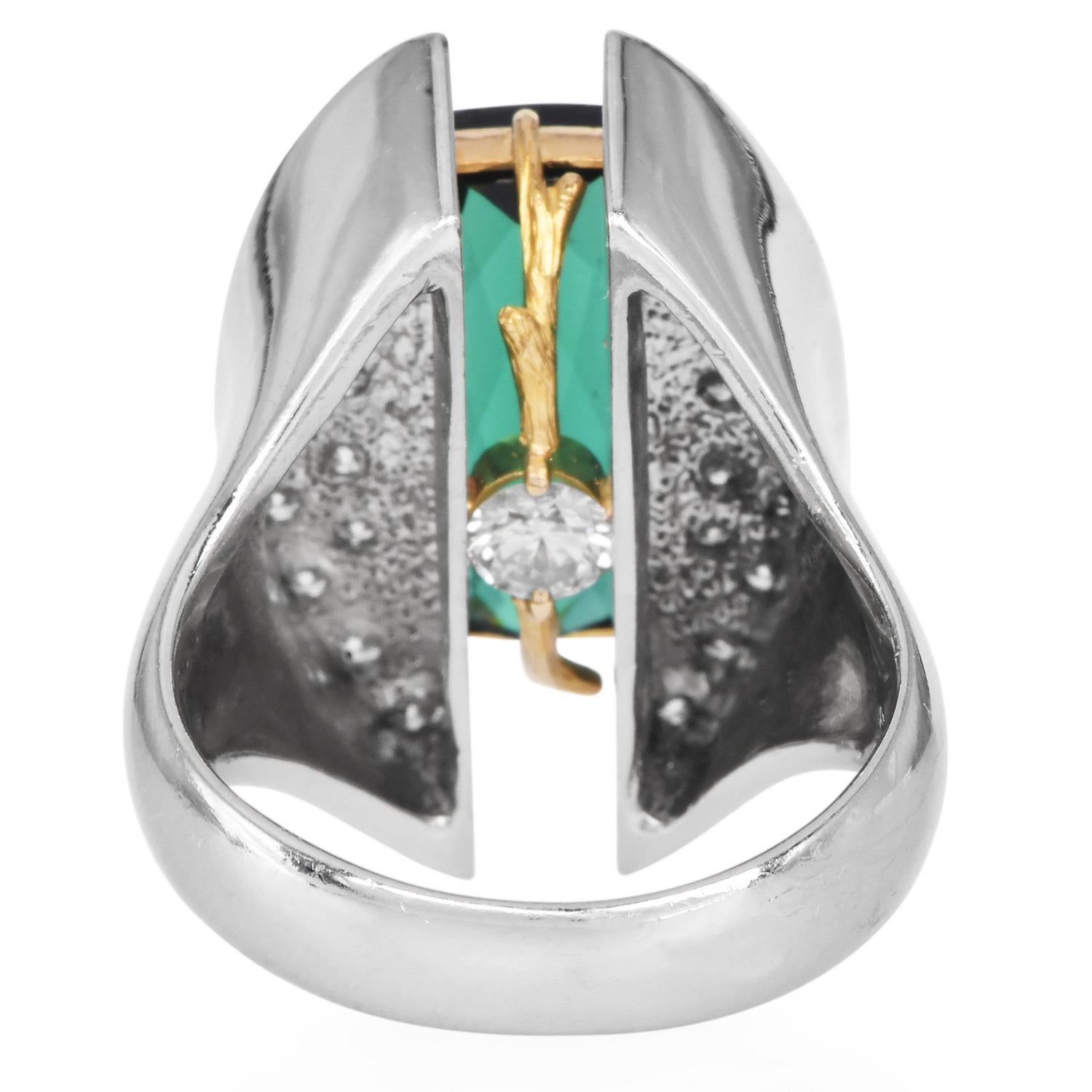 Electrian Green Tourmaline 8.06cts Diamond Platinum 18K Gold Sculptural Ring For Sale 1