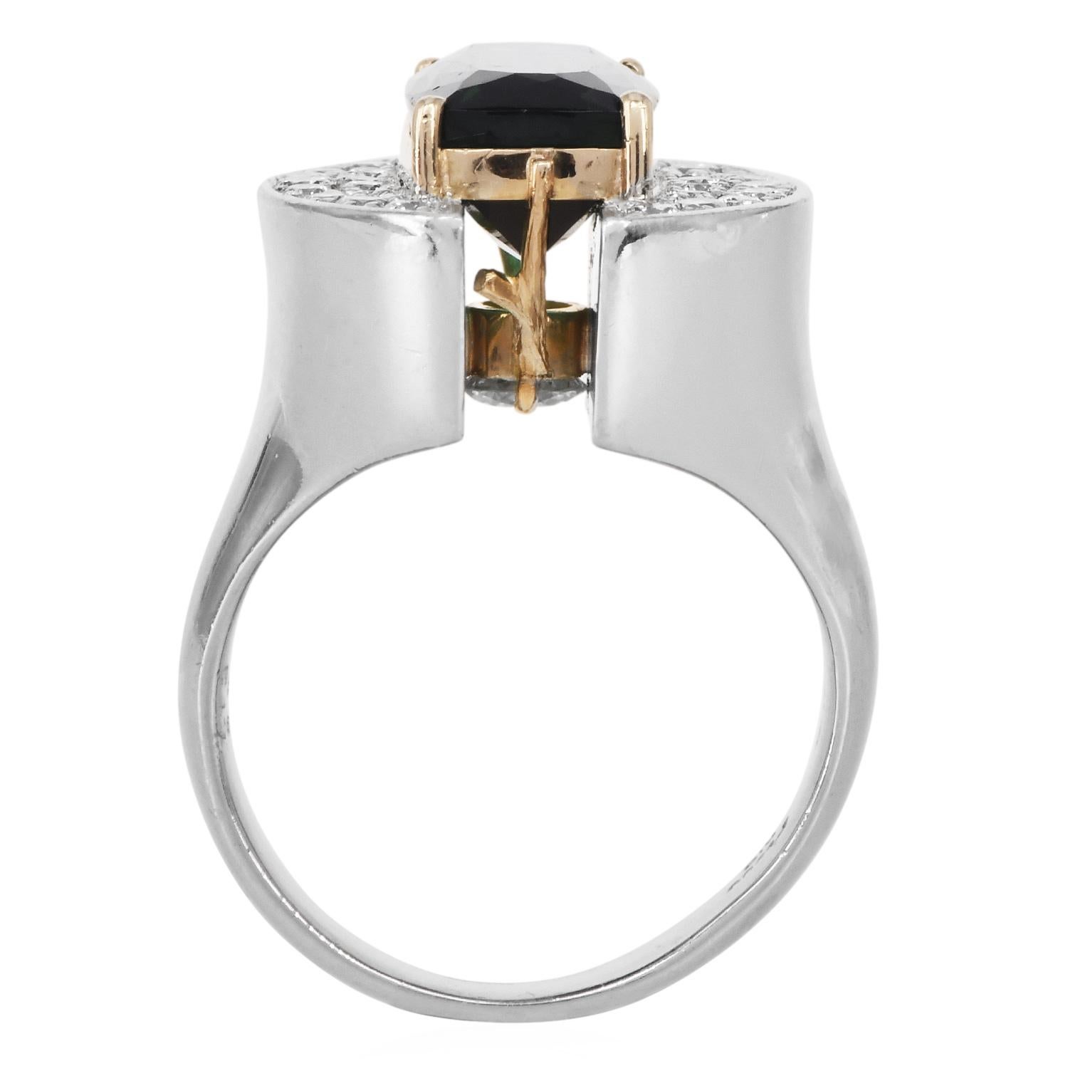 Electrian Green Tourmaline 8.06cts Diamond Platinum 18K Gold Sculptural Ring For Sale 2