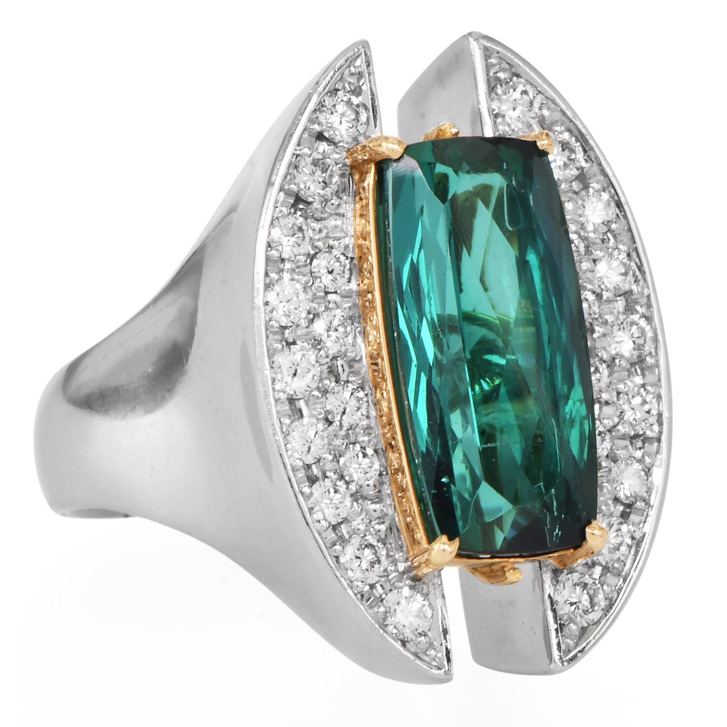 Electrian Green Tourmaline 8.06cts Diamond Platinum 18K Gold Sculptural Ring For Sale 3