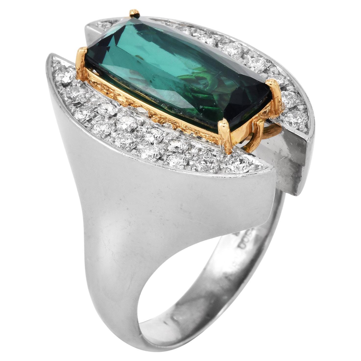 Electrian Green Tourmaline 8.06cts Diamond Platinum 18K Gold Sculptural Ring For Sale