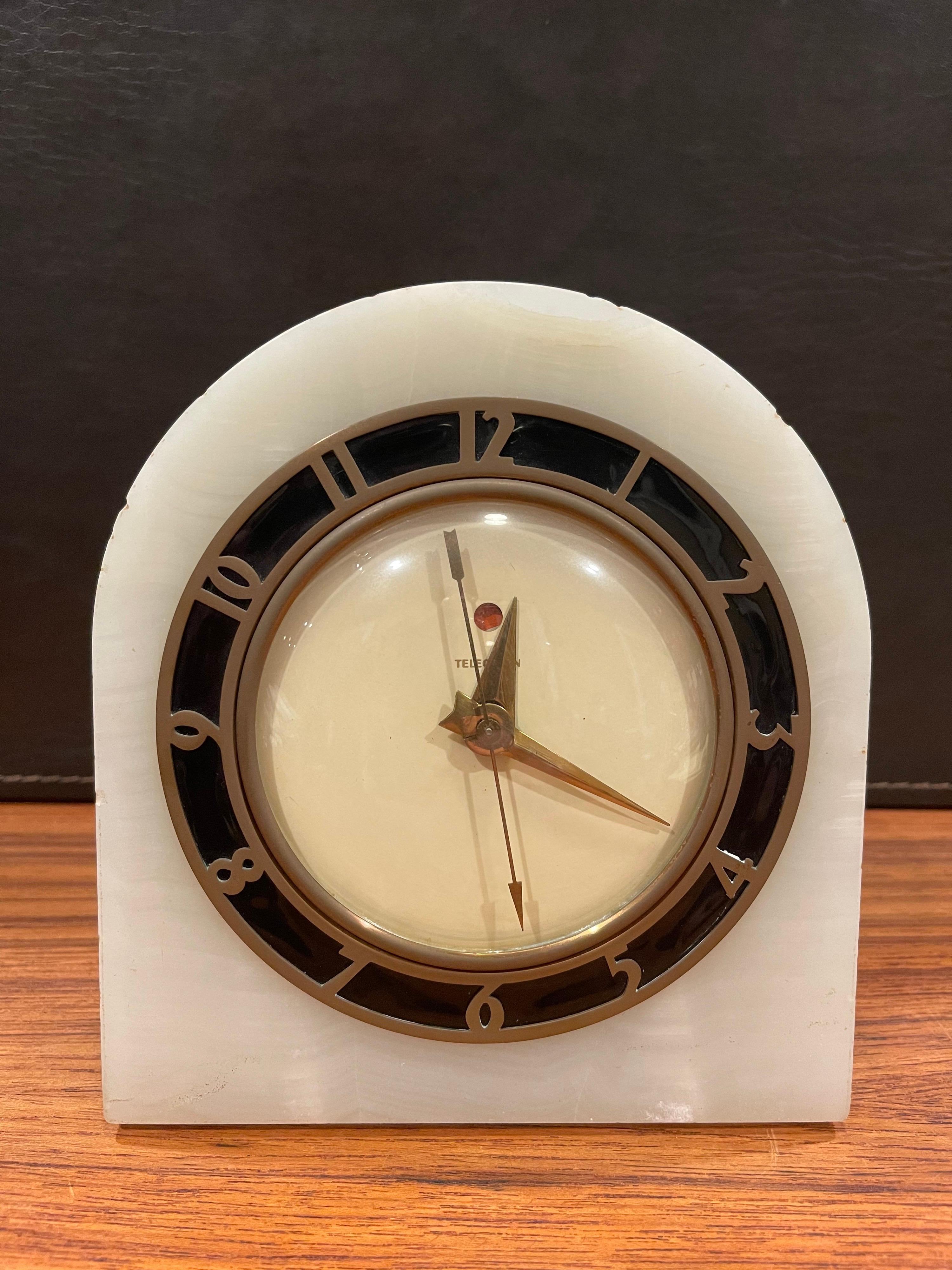 Electric Art Deco White Onyx Mantle Clock by Telechron In Good Condition In San Diego, CA